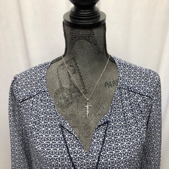 St Johns Bay Sheer Blouse Womens Sz Medium Geometric Blue White Tassel Tie Boho - Picture 2 of 10